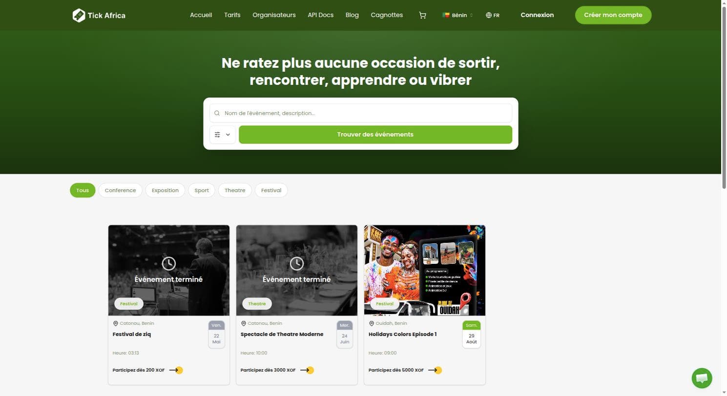 Capture d'écran de Tick Africa · Billetterie événementielle