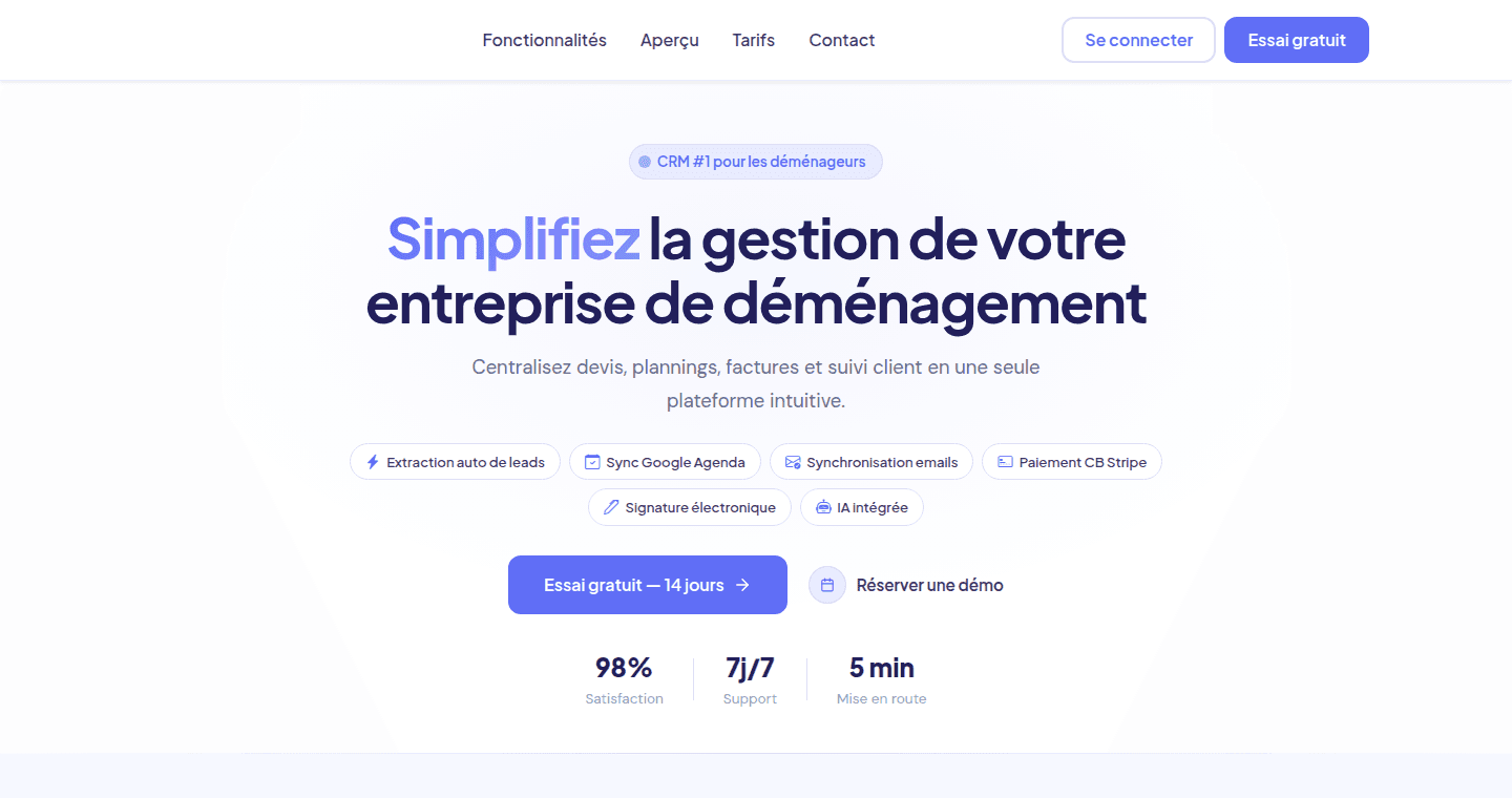 Capture d'écran de DemCRM · SaaS pour déménageurs